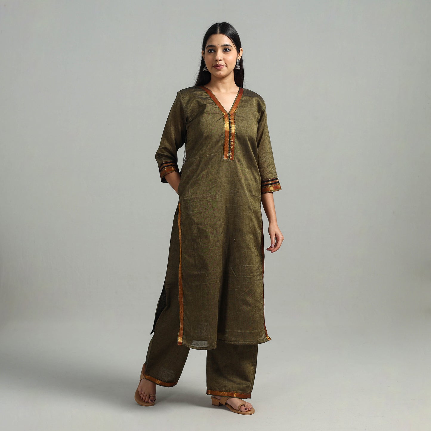 Green - Cotton Dharwad Kurta Set with Palazzo & Dupatta 13