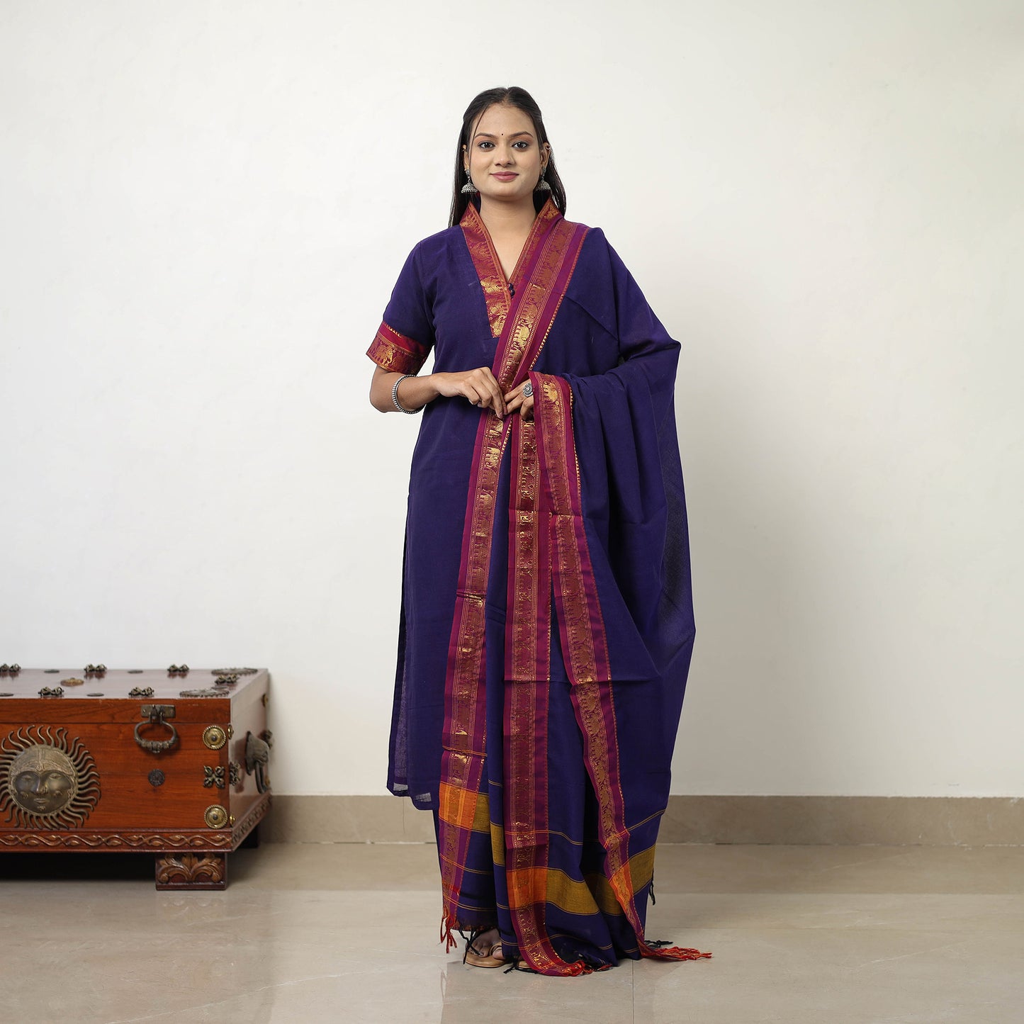 Purple  - Cotton Dharwad Kurta Set with Palazzo & Dupatta 04