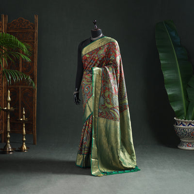 Kanjeevaram Pure Handloom Mulberry Silk Handpainted Srikalahasti Pen Kalamkari Saree with Zari Work 22