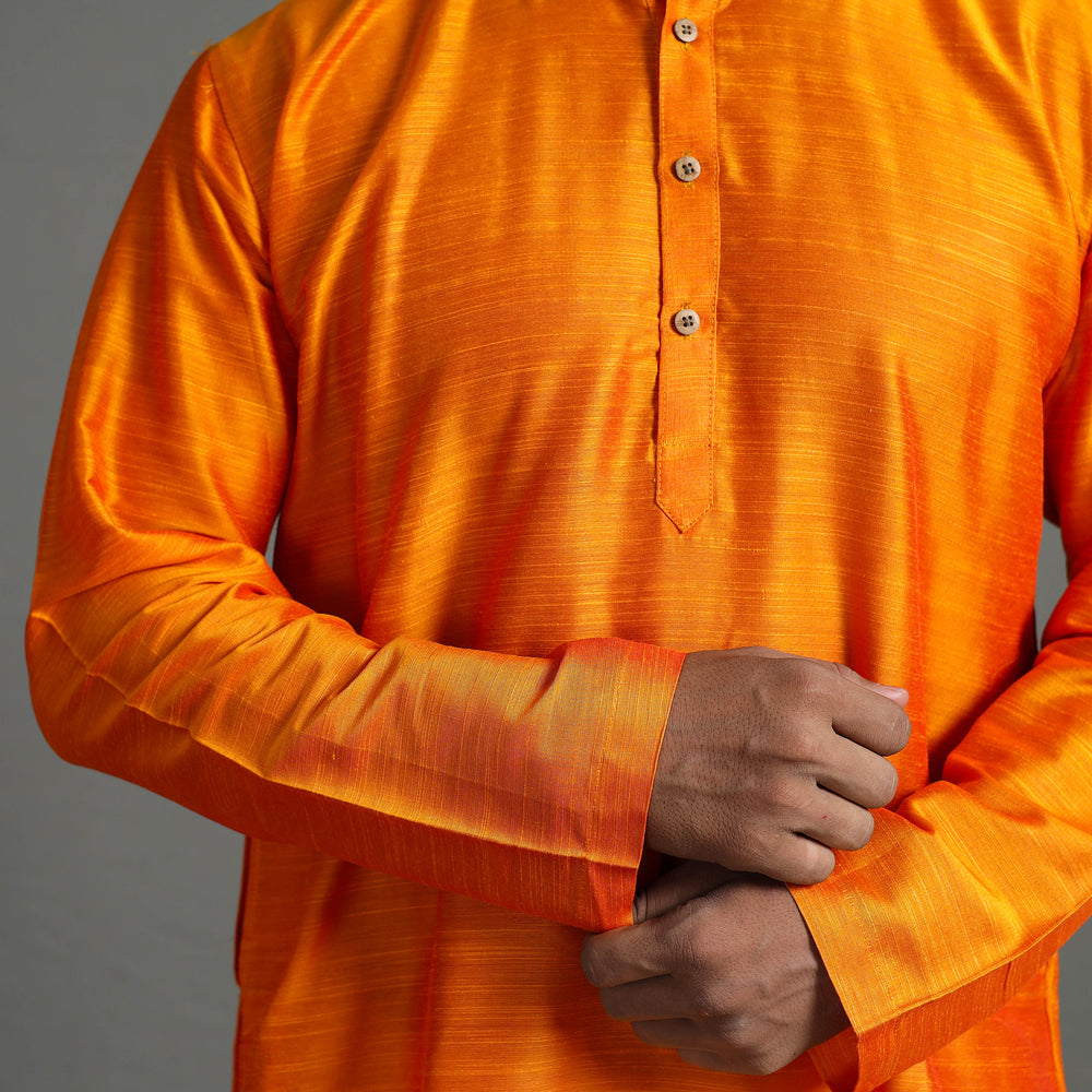 Light Orange - Plain Dyed Slub Silk Men Long Kurta