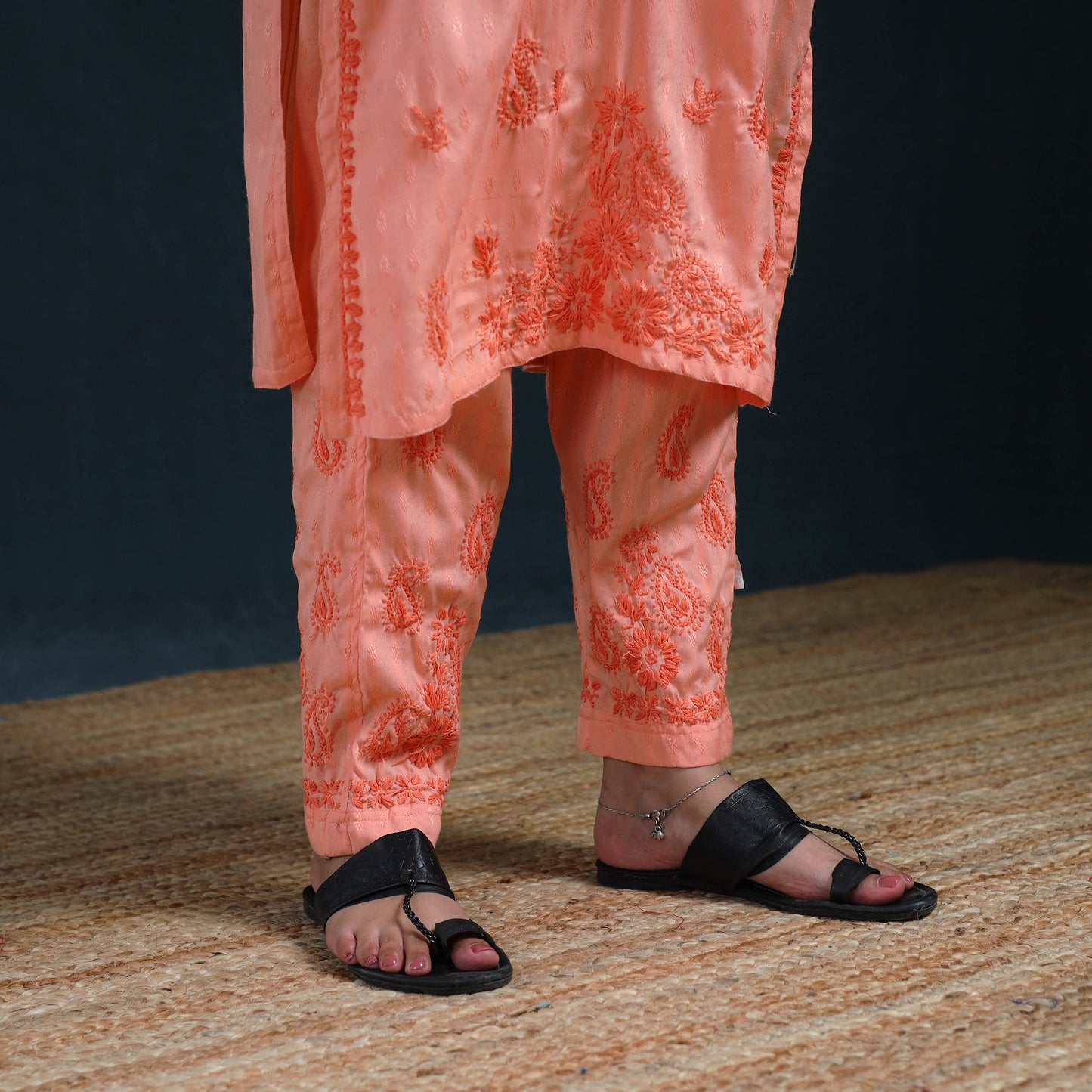 Peach - Hand Embroidered Rayon Cotton Chikankari Kurta with Pant Set for Women 14