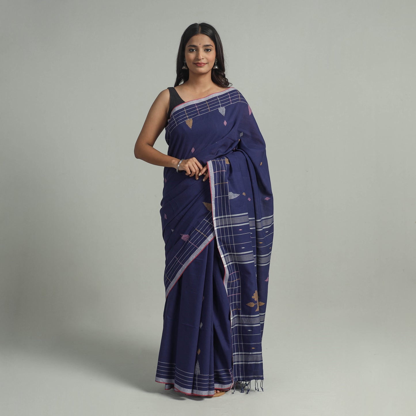 Blue - Handloom Cotton Phulia Jamdani Saree with Tassels 02