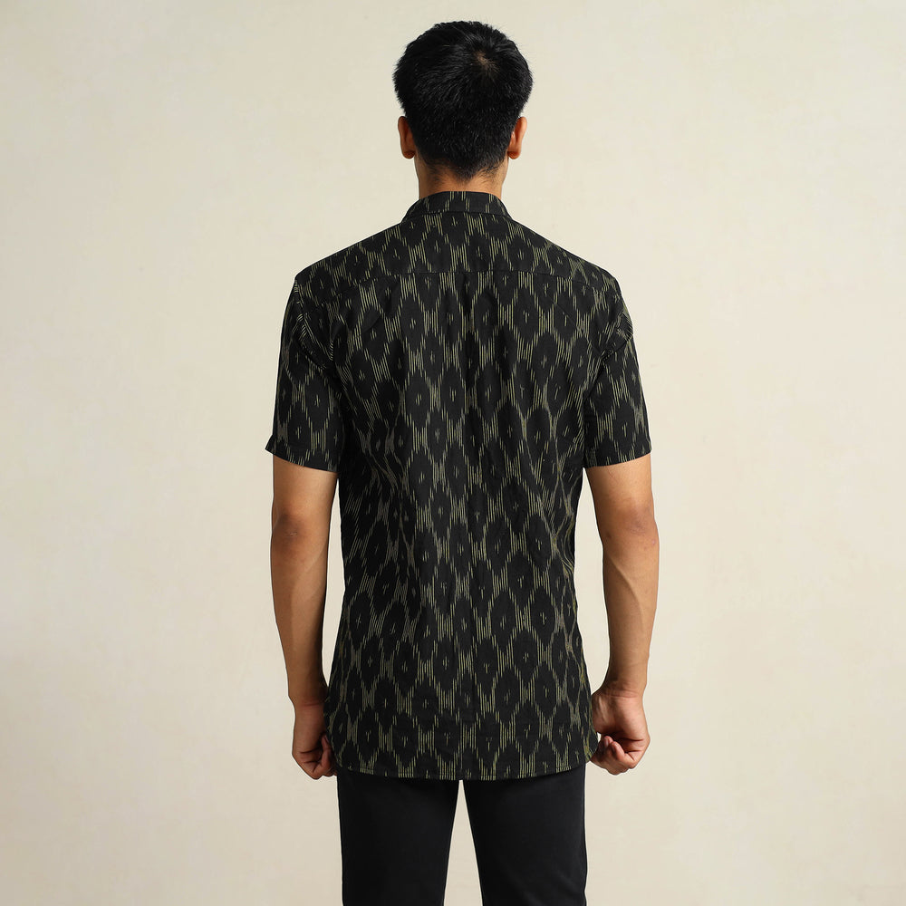 Black - Pochampally Ikat Weave Cotton Men Half Sleeve Shirt 10