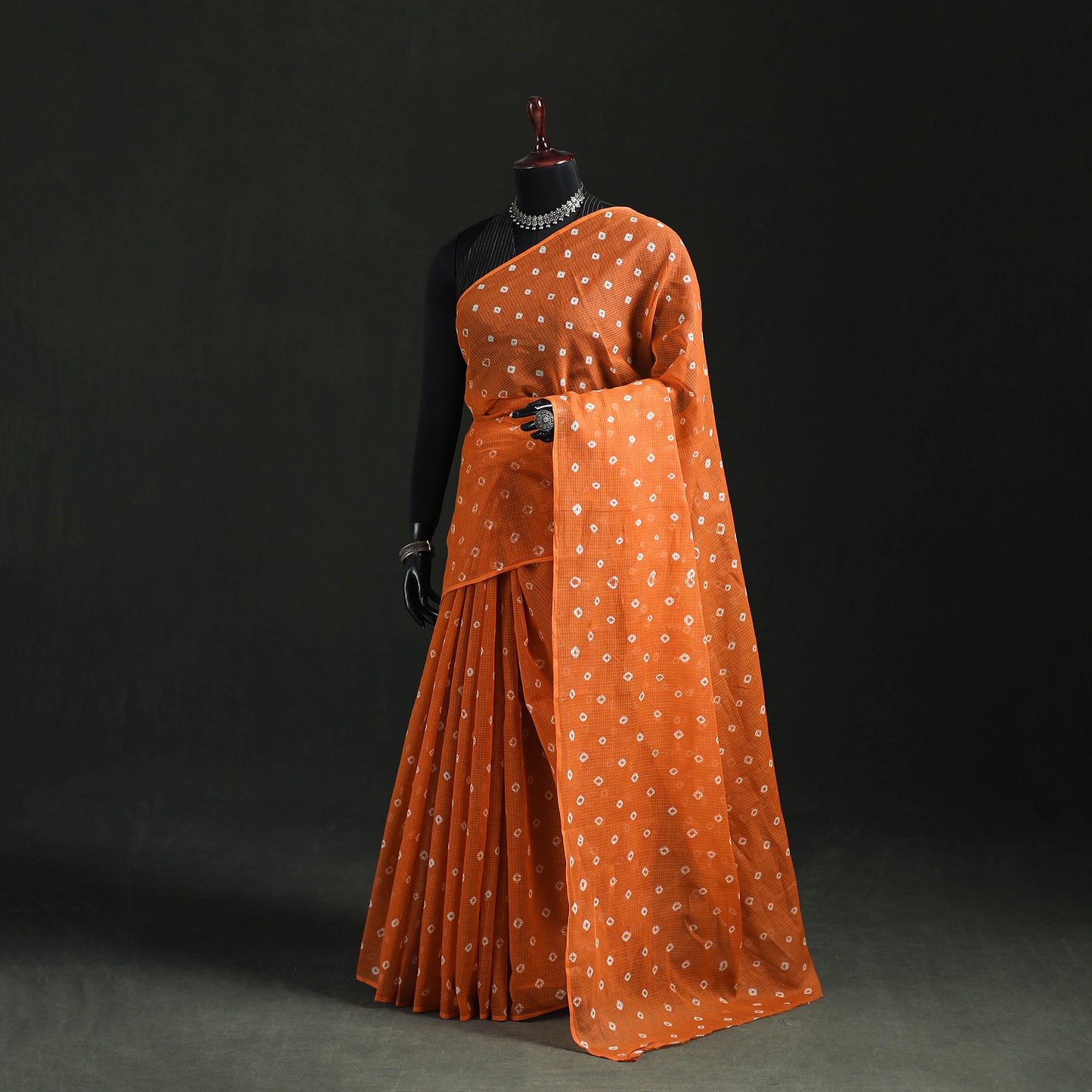 Orange - Bandhani Tie-Dye Kota Doria Cotton Saree 06