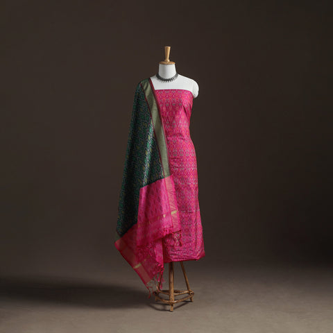 Pink - Pochampally Ikat Handloom Sico Unstitched Dress Material: Kurta with Dupatta 24