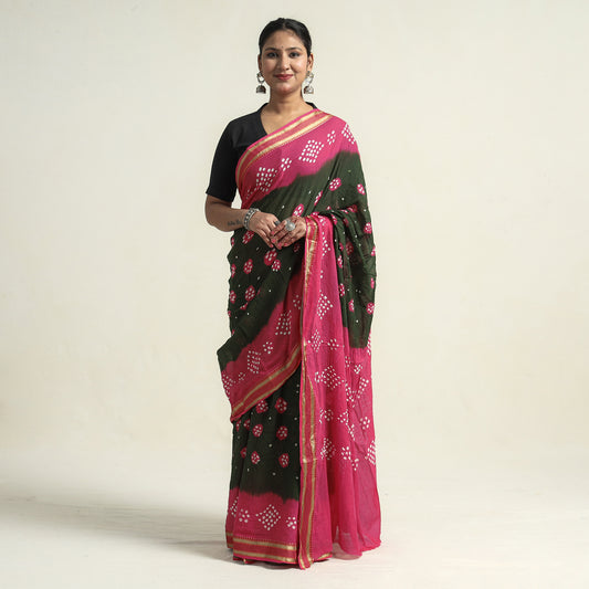 Pink - Kutch Bandhani Tie-Dye Cotton Saree with Blouse Piece