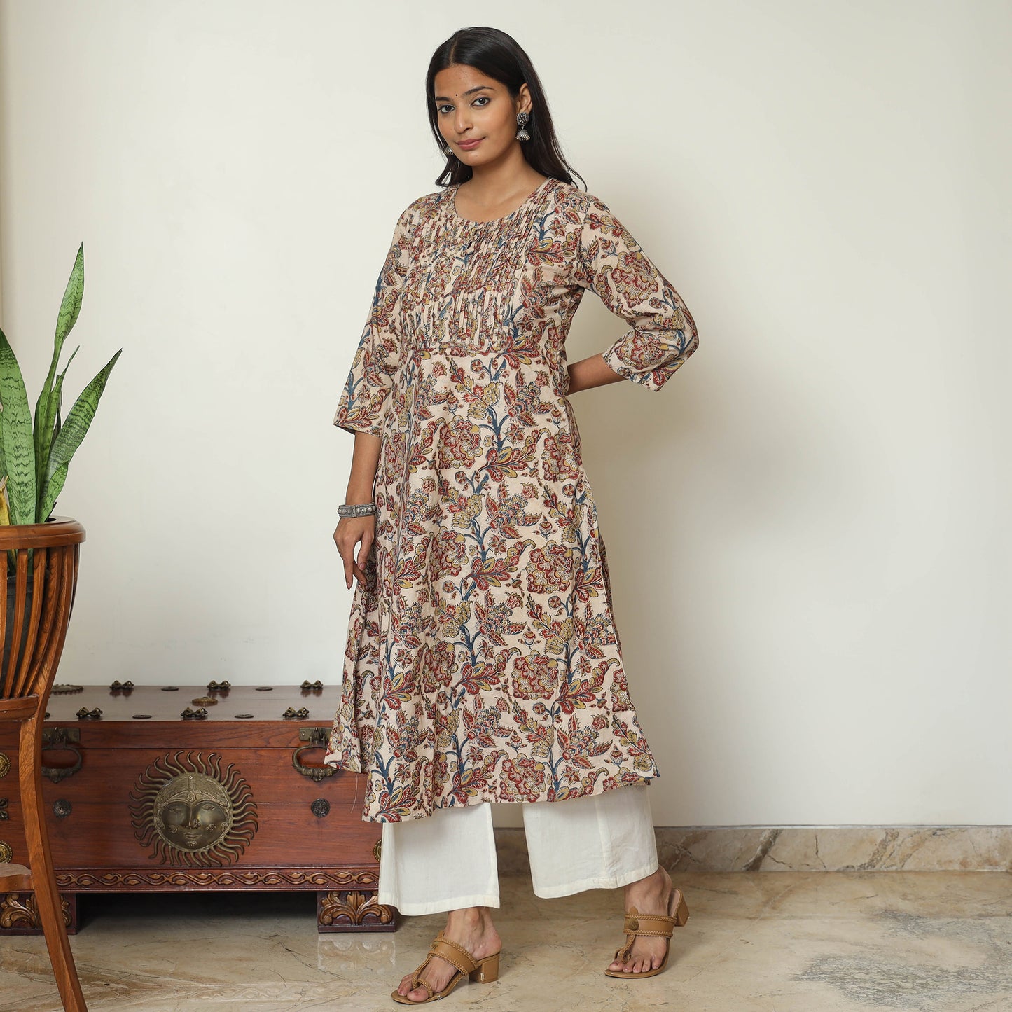 Beige - Pedana Kalamkari Hand Block Printed Cotton Pintuck A-Line Kurta 59