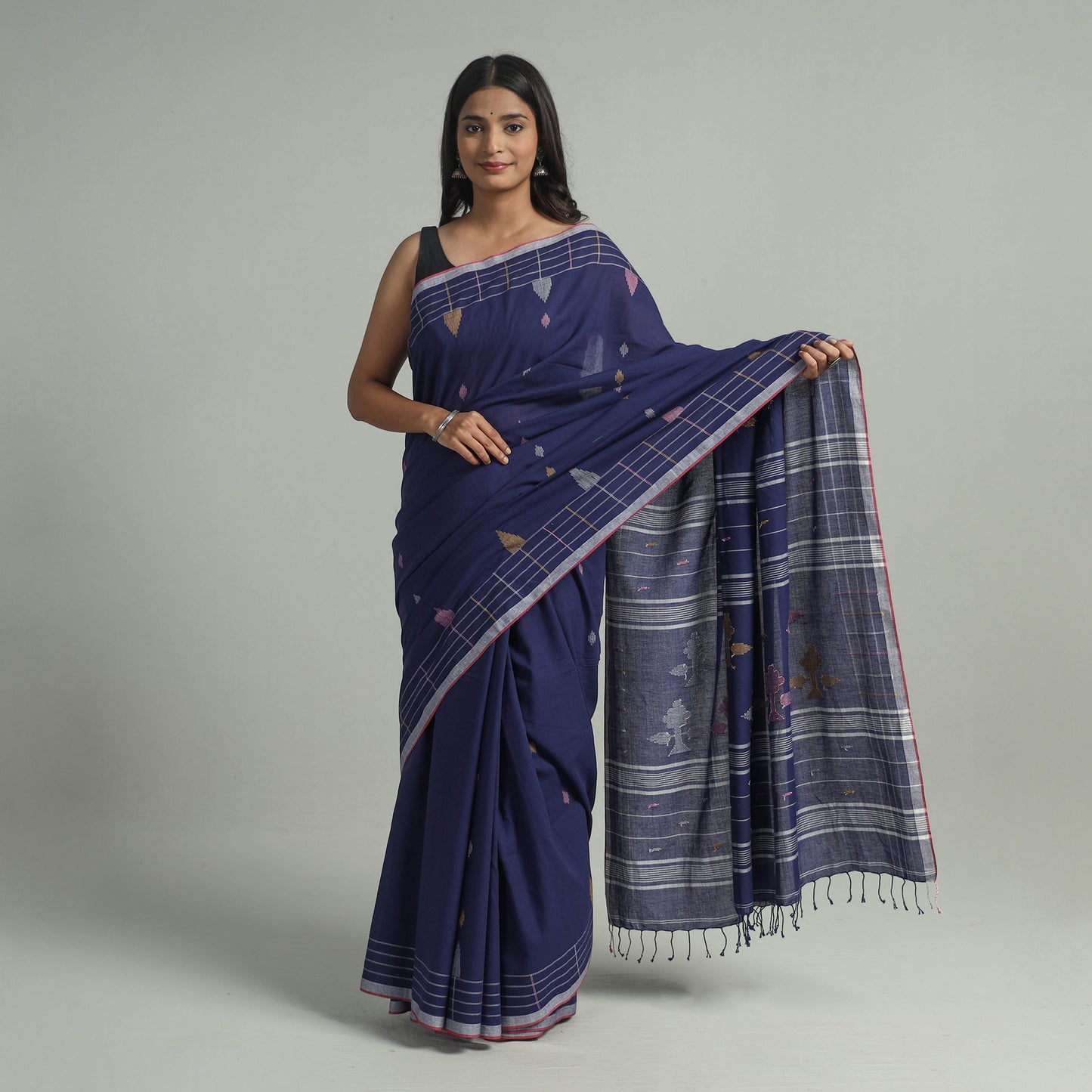 Blue - Handloom Cotton Phulia Jamdani Saree with Tassels 02