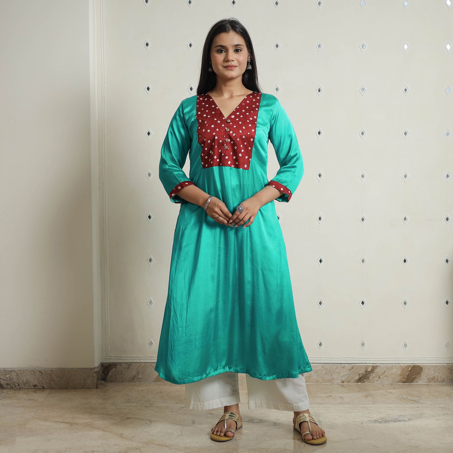 Green - Plain Modal Silk A-Line Kurta with Bandhani Patchwork 10