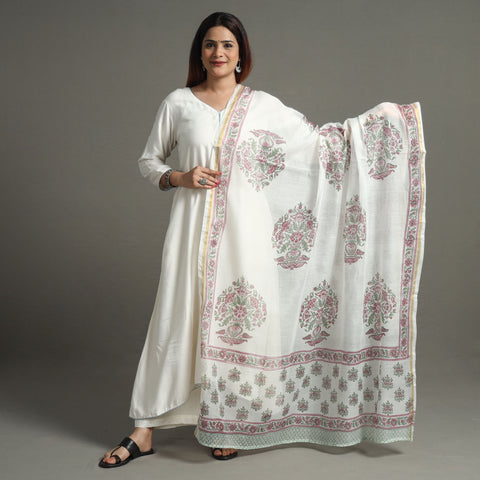 Multicolor - Sanganeri Block Printed Chanderi Silk Dupatta 05