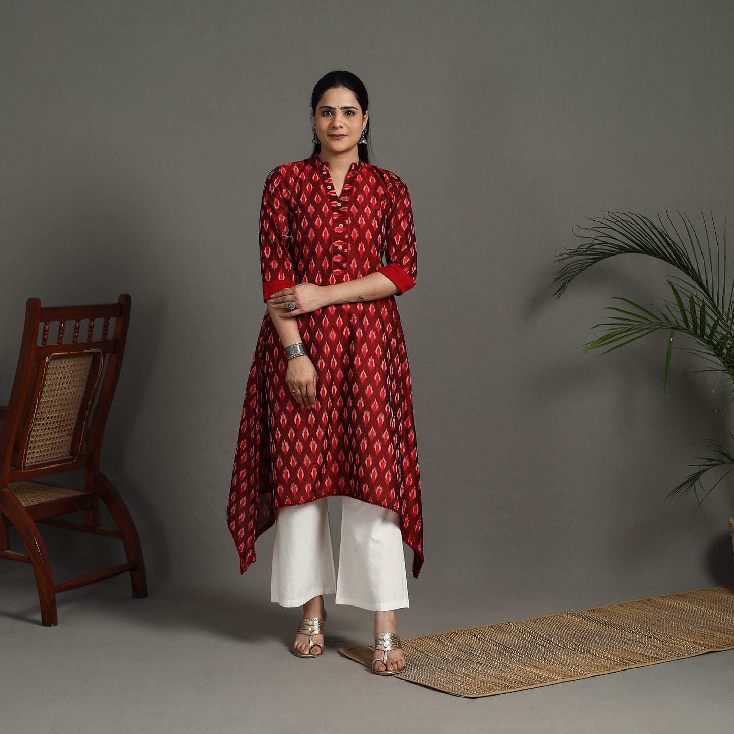  Red Mercerised Cotton A-Line Pochampally Ikat Kurta for Women