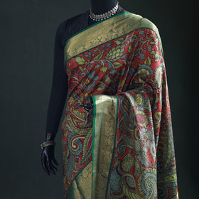 Kanjeevaram Pure Handloom Mulberry Silk Handpainted Srikalahasti Pen Kalamkari Saree with Zari Work 22