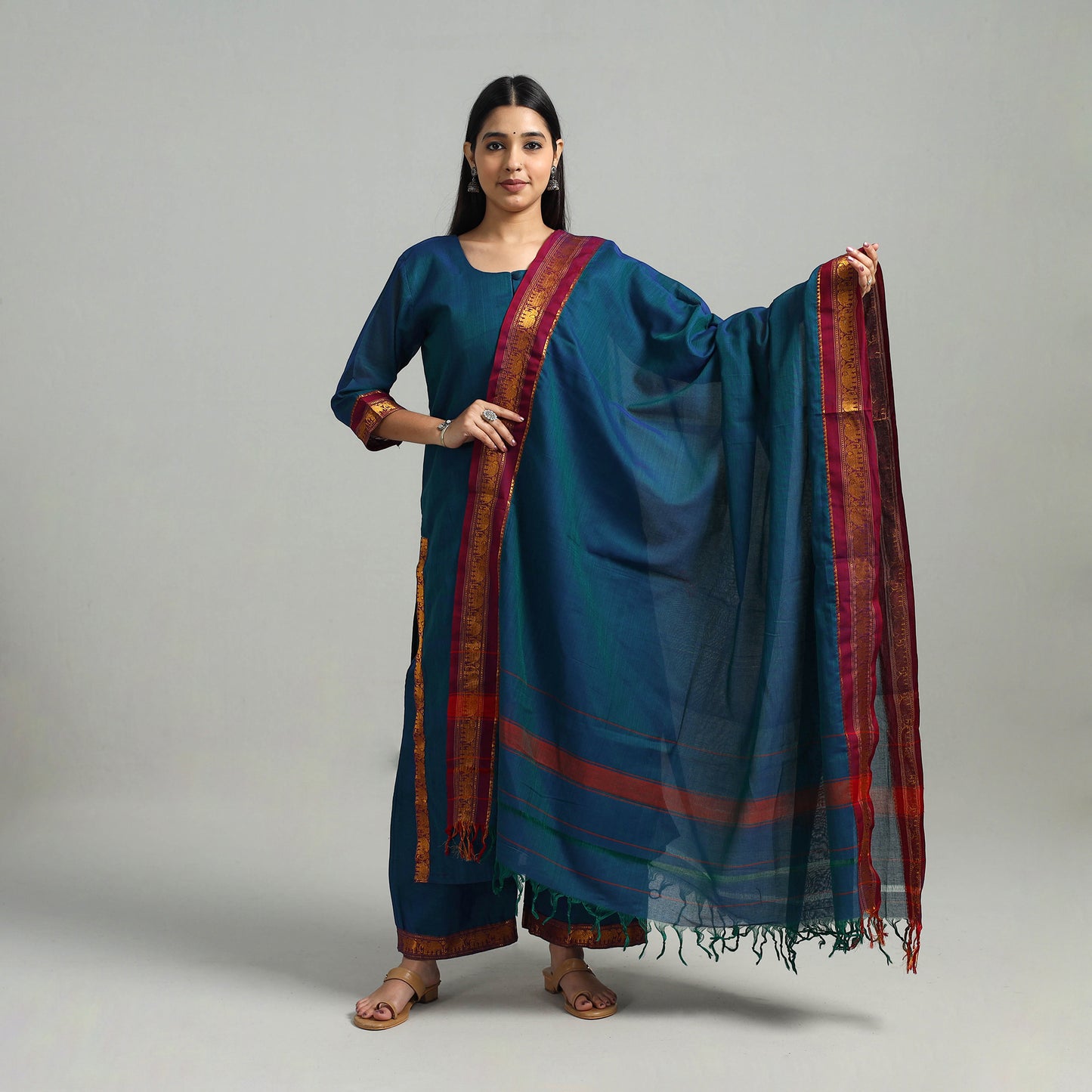 Blue - Cotton Dharwad Kurta Set with Palazzo & Dupatta 17