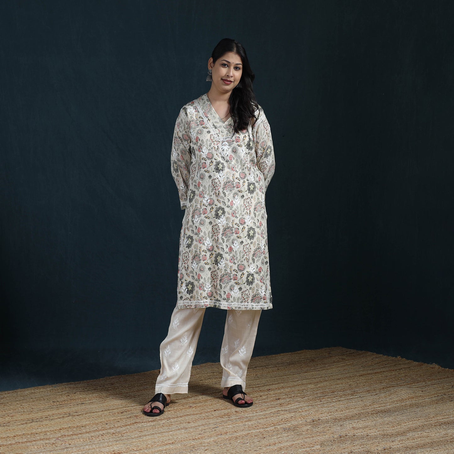 Beige - Hand Embroidered Printed Cotton Chikankari Kurta with Pant Set for Women 30