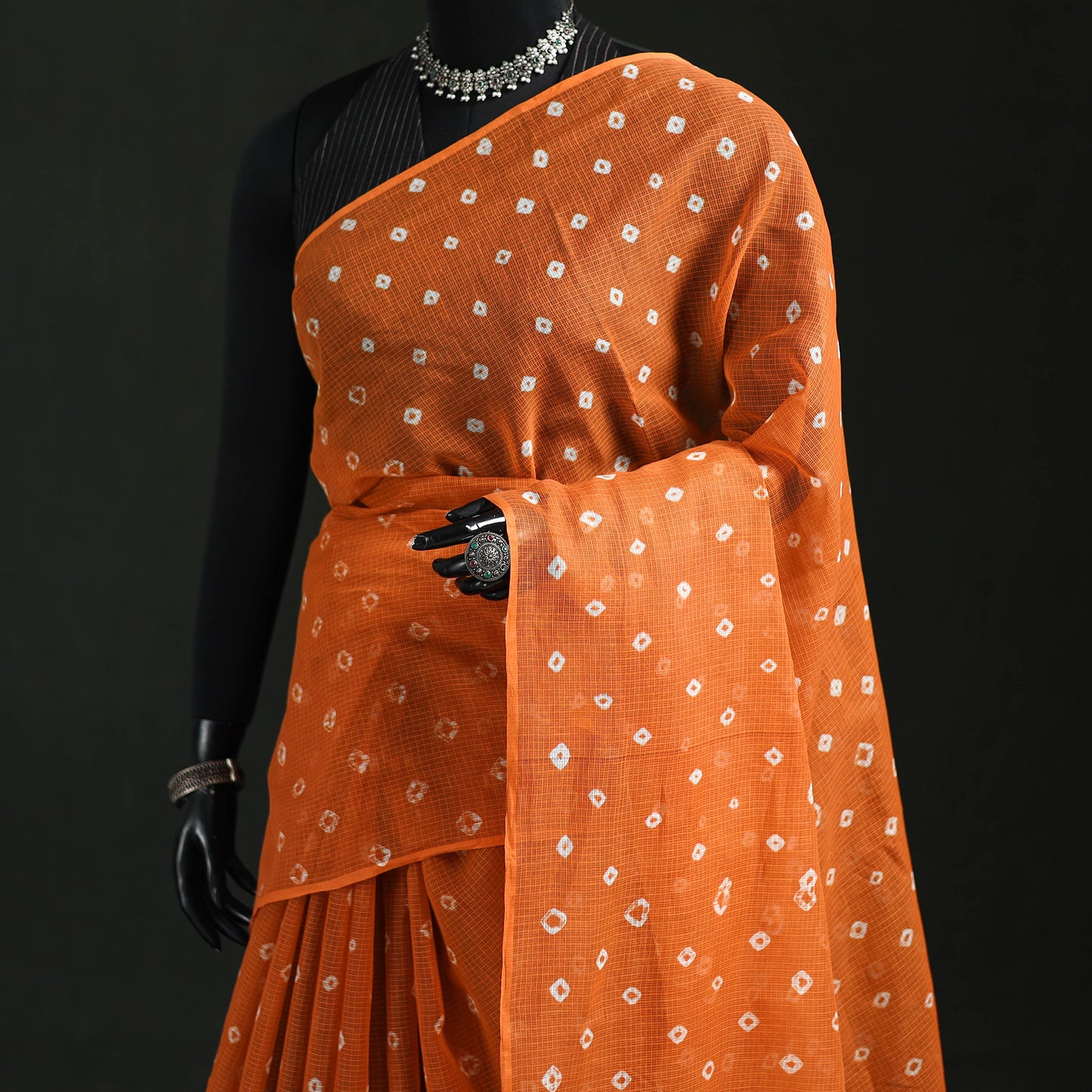 Orange - Bandhani Tie-Dye Kota Doria Cotton Saree 06