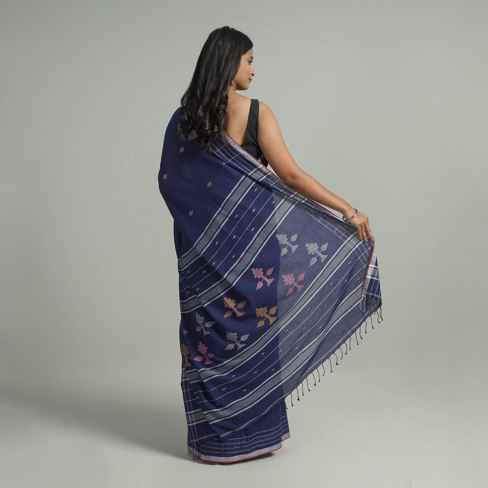 Blue - Handloom Cotton Phulia Jamdani Saree with Tassels 02