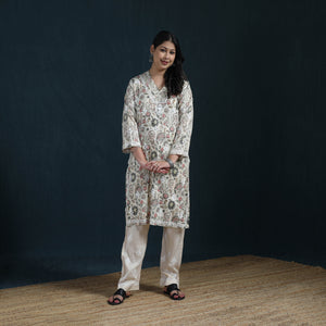 White - Hand Embroidered Printed Cotton Chikankari Kurta with Pant Set for Women 30