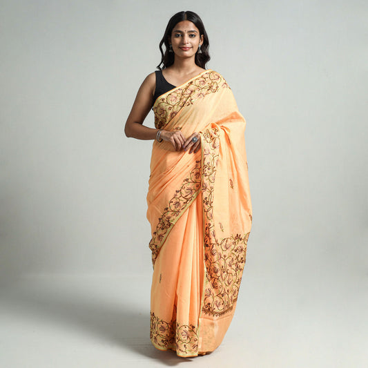 Orange - Kashidakari Hand Embroidery Pure Chanderi Silk Block Printed Saree with Zari Border 05