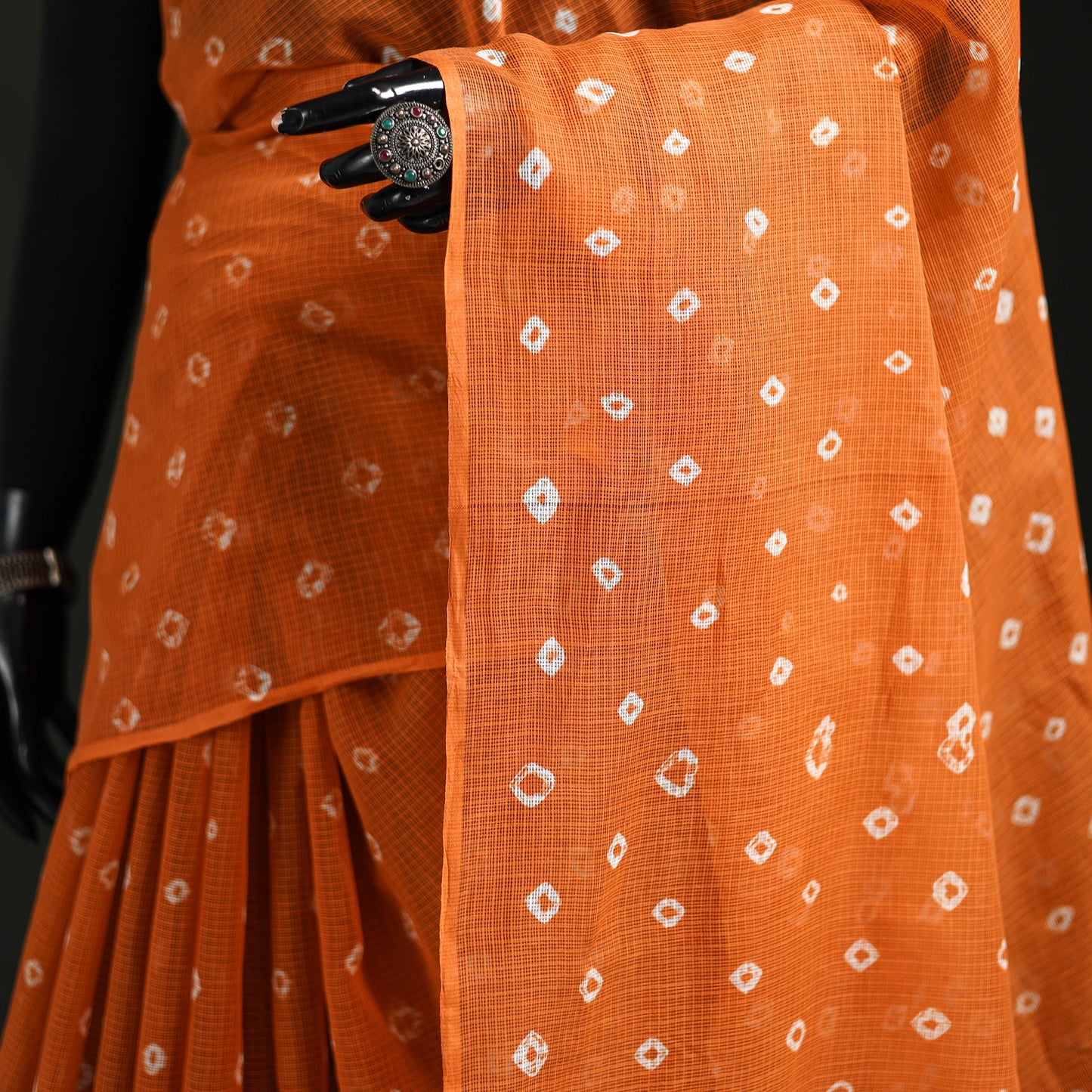 Orange - Bandhani Tie-Dye Kota Doria Cotton Saree 06