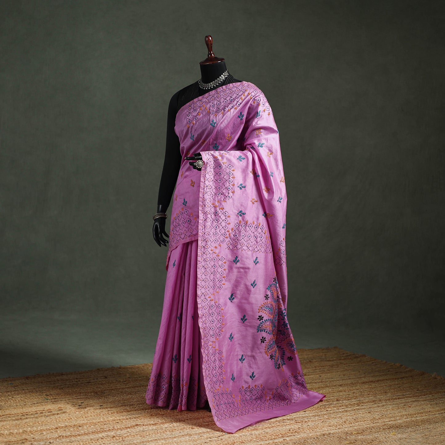 Purple - Bengal Nakshi Kantha Hand Embroidered Silk Saree 44
