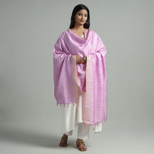 Pink - Lavender Jamdani Buti Mulberry Silk Handloom Dupatta with Tassels 33