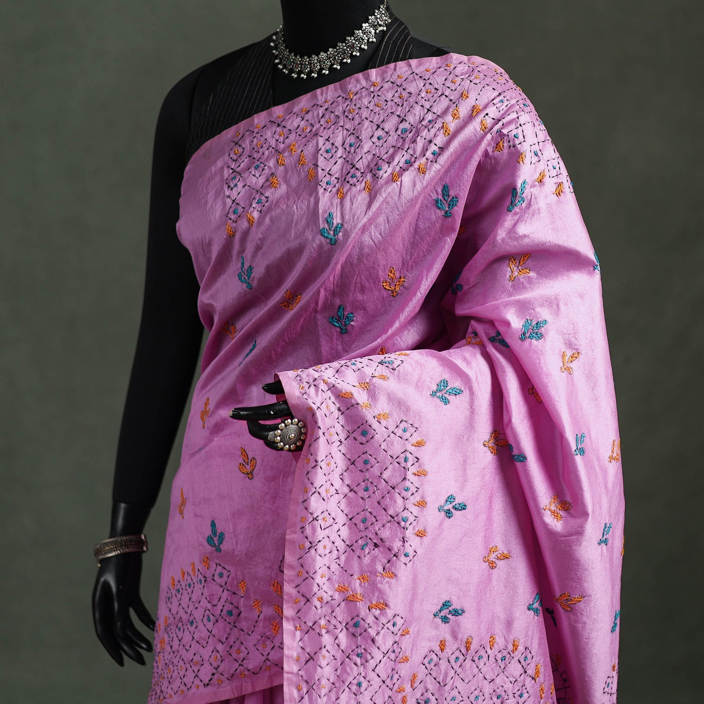 Purple - Bengal Nakshi Kantha Hand Embroidered Silk Saree 44