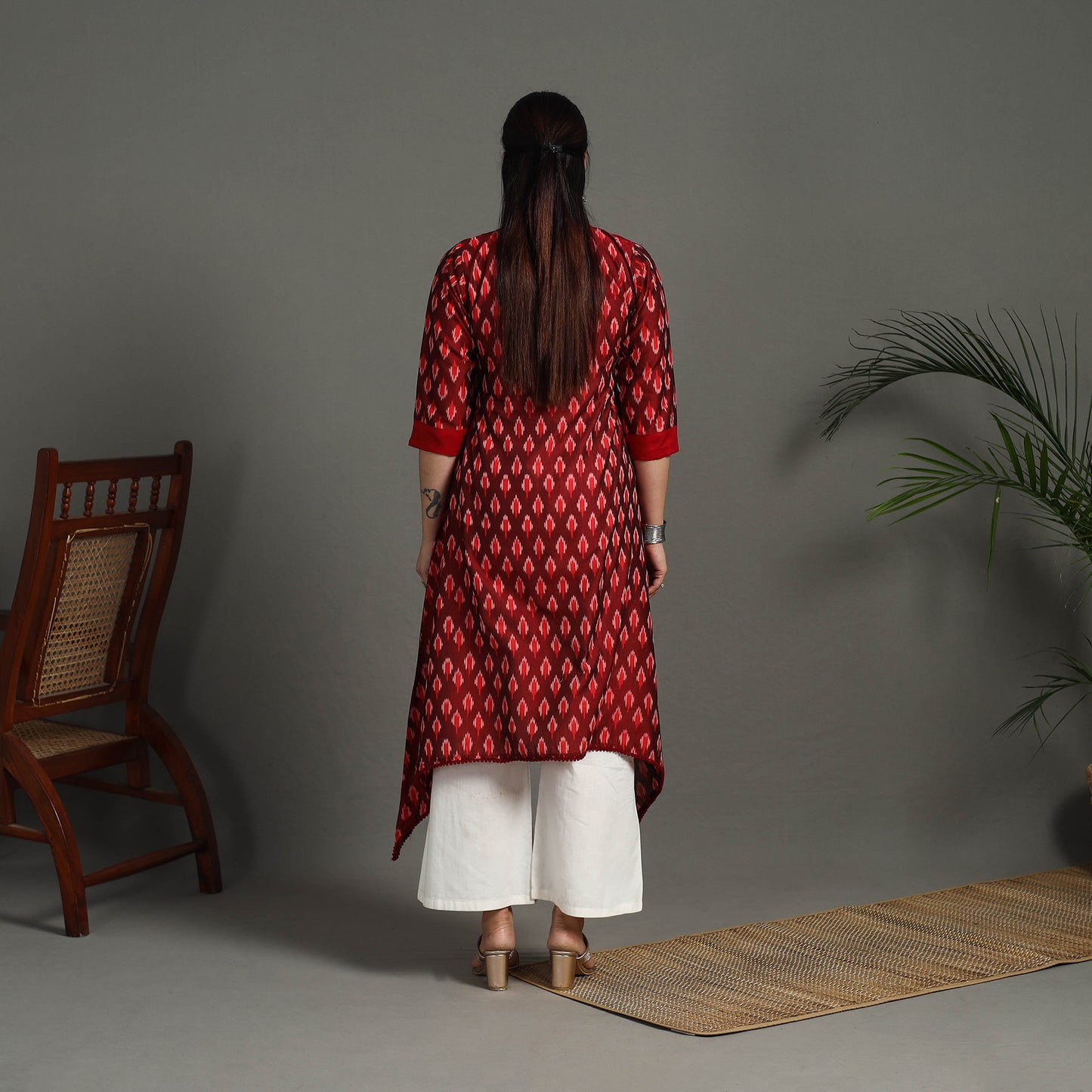  Red Mercerised Cotton A-Line Pochampally Ikat Kurta for Women