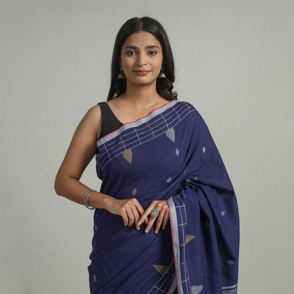 Blue - Handloom Cotton Phulia Jamdani Saree with Tassels 02