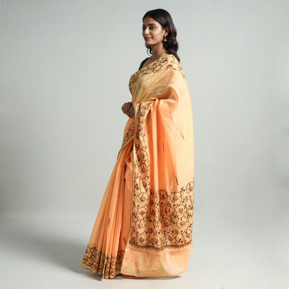 Orange - Kashidakari Hand Embroidery Pure Chanderi Silk Block Printed Saree with Zari Border 05