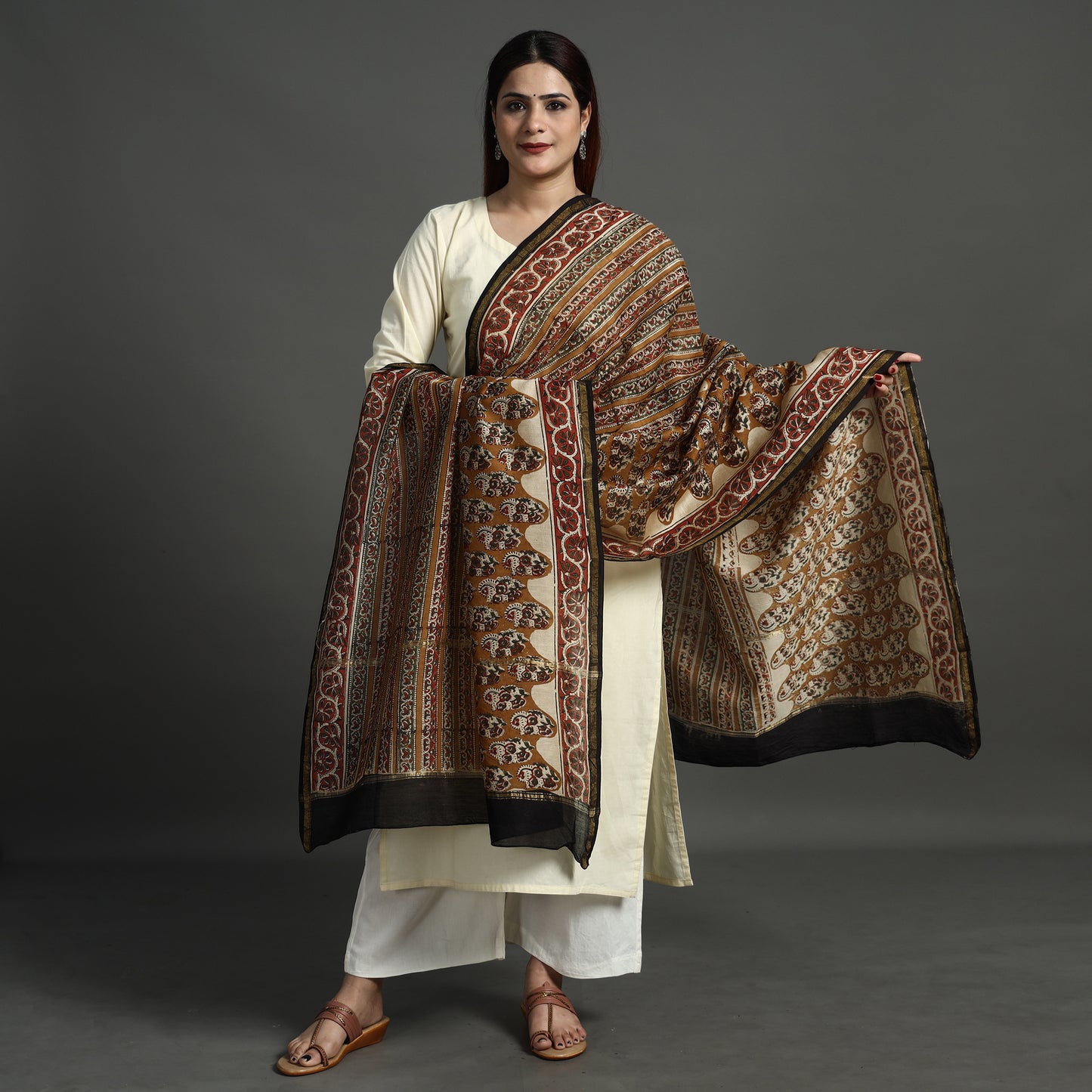 Brown - Bagru Kalamkari Block Printed Chanderi Silk Dupatta with Zari Border 139