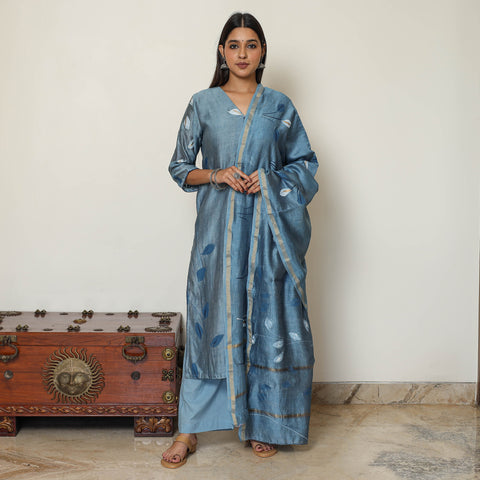 Blue - Hand Painted Chanderi Silk Kurta with Palazzo & Dupatta Set 02