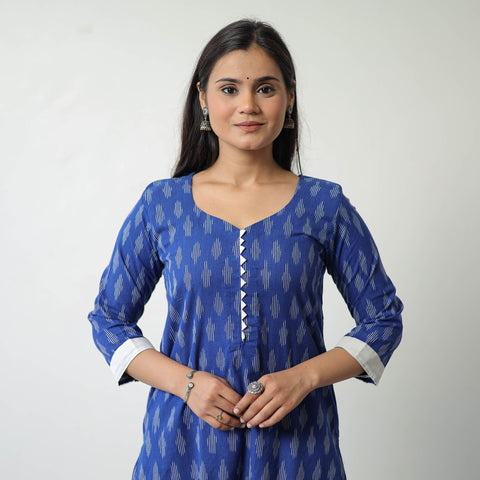 Blue - Pochampally Ikat Weave Cotton Straight Kurta 04