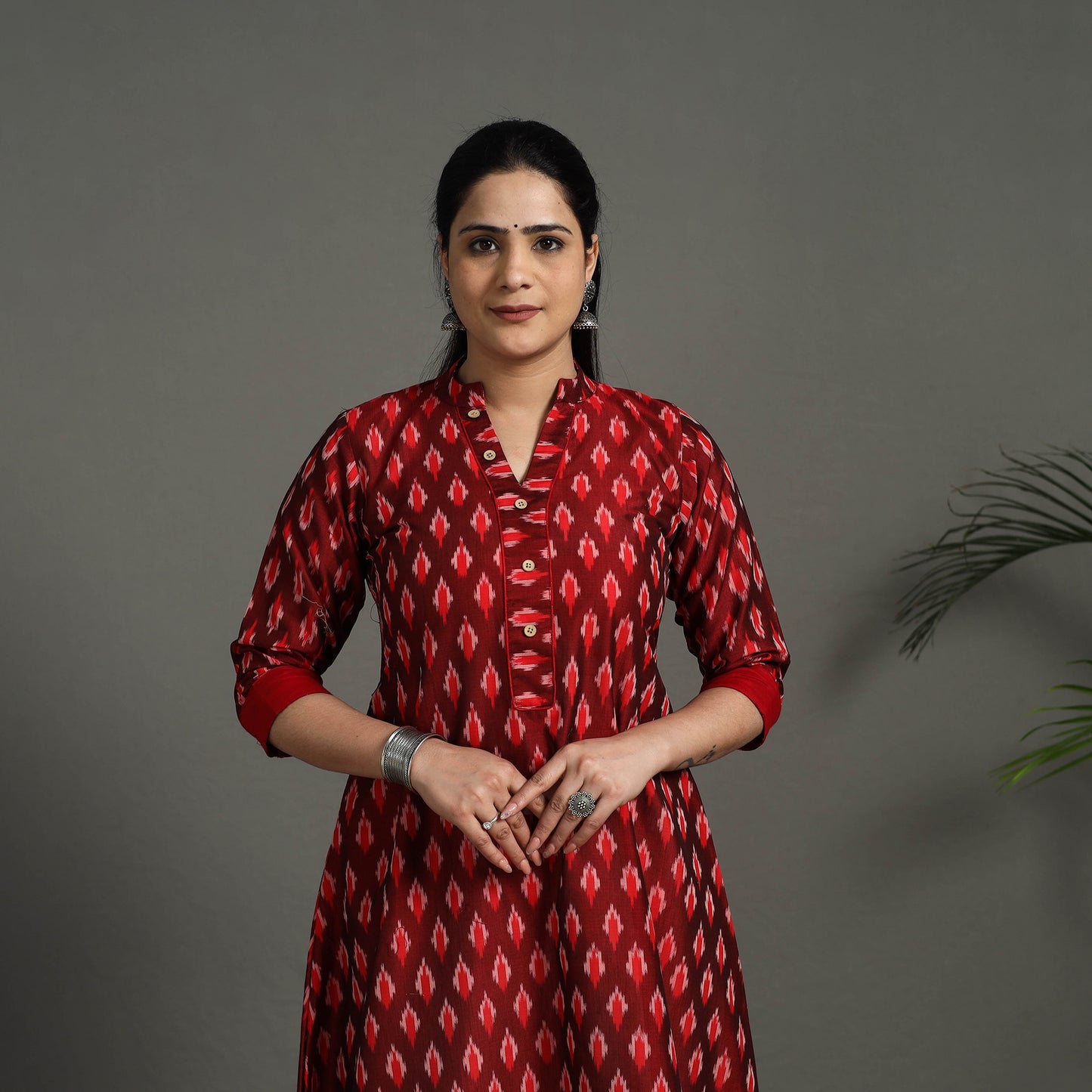 Red Mercerised Cotton A-Line Pochampally Ikat Kurta for Women