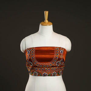 Orange - Kutch Hand Embroidery Mashru Silk Blouse Piece 71