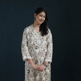 Beige - Hand Embroidered Printed Cotton Chikankari Kurta with Pant Set for Women 30