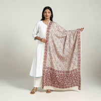 Beige - Handloom Tussar Silk Bengal Kantha Embroidery Dupatta 04