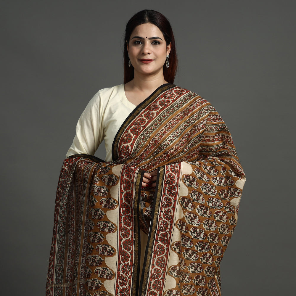 Brown - Bagru Kalamkari Block Printed Chanderi Silk Dupatta with Zari Border 139