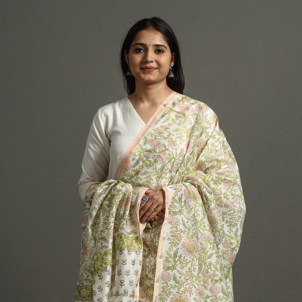 Multicolor - Block Printed Chanderi Silk Sanganeri Dupatta 53