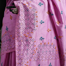 Purple - Bengal Nakshi Kantha Hand Embroidered Silk Saree 44