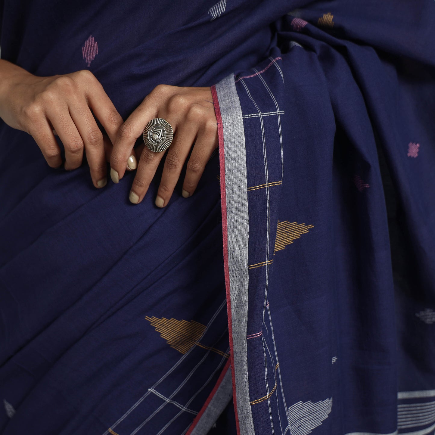 Blue - Handloom Cotton Phulia Jamdani Saree with Tassels 02