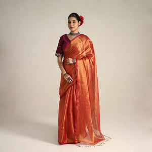 Orange - Mul Tissue Zari Bengal Saree with Embroidered Blouse 12