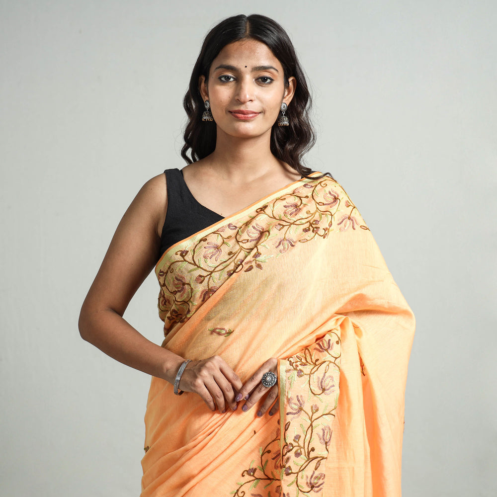 Orange - Kashidakari Hand Embroidery Pure Chanderi Silk Block Printed Saree with Zari Border 05