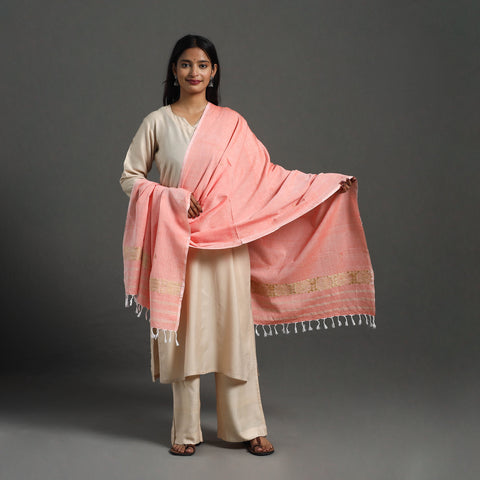 Peach - Assam Weave Thread Buti Cotton Handloom Dupatta 06