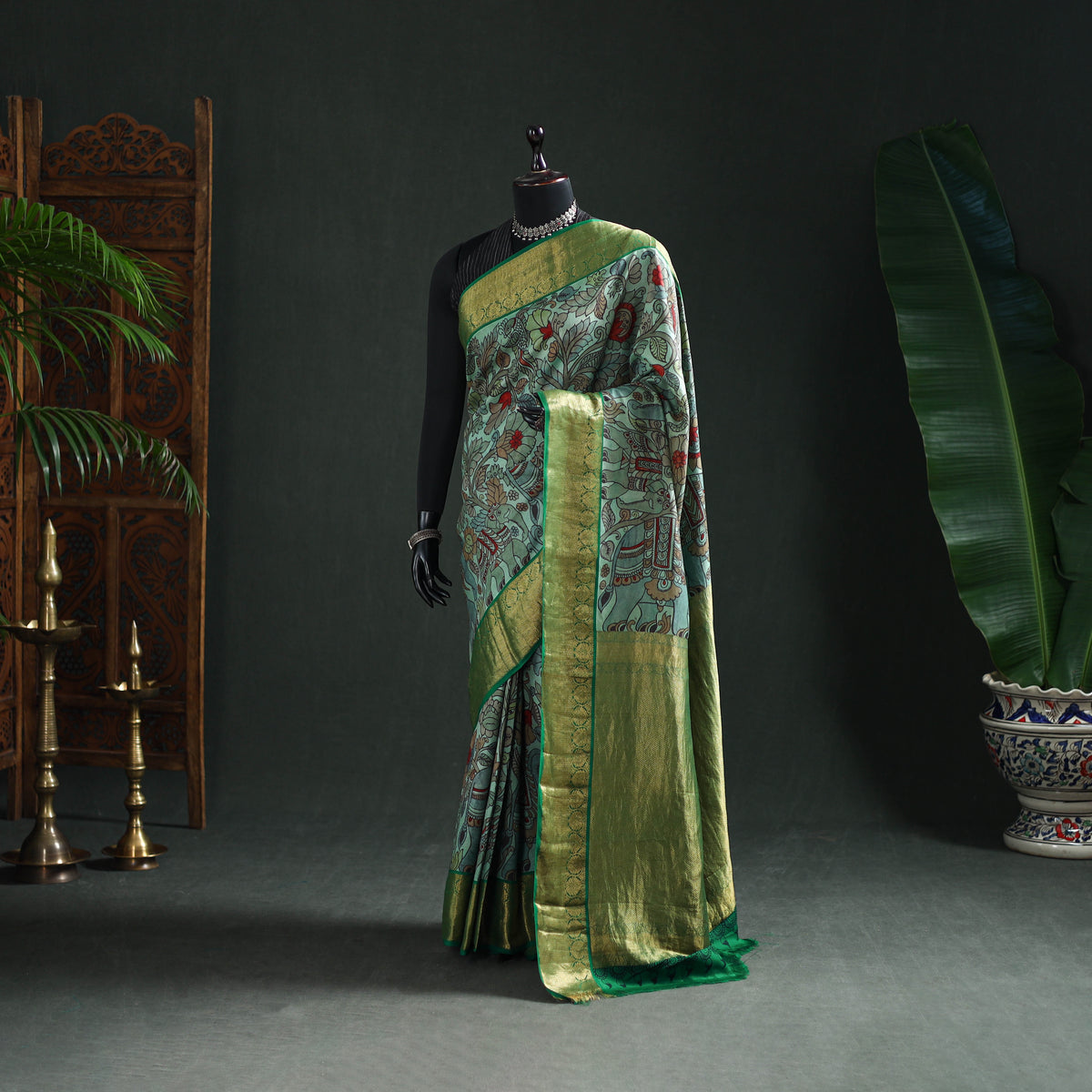 Kanjeevaram Pure Handloom Mulberry Silk Handpainted Srikalahasti Pen Kalamkari Saree with Zari Work 23