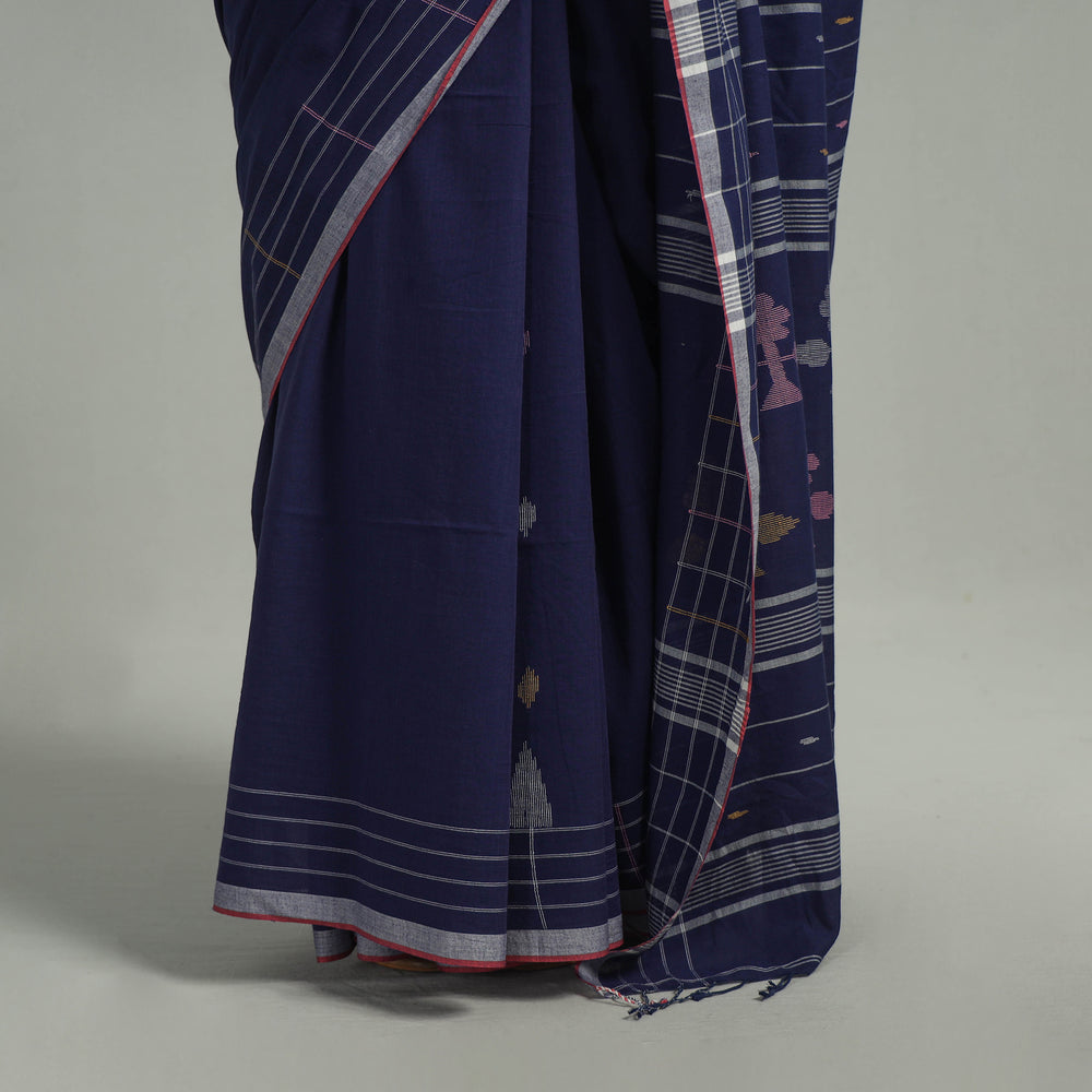 Blue - Handloom Cotton Phulia Jamdani Saree with Tassels 02