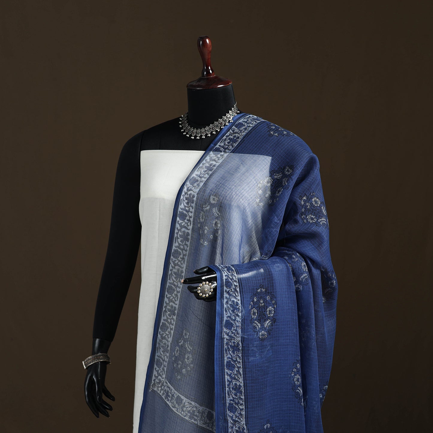 Blue - Akola Hand Block Print Natural Dyed Kota Doria Cotton Dupatta 35