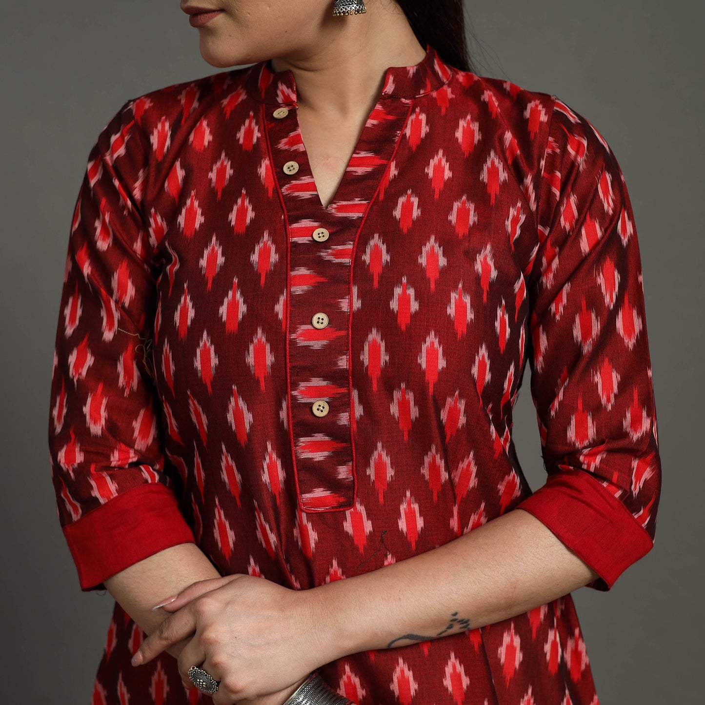  Red Mercerised Cotton A-Line Pochampally Ikat Kurta for Women