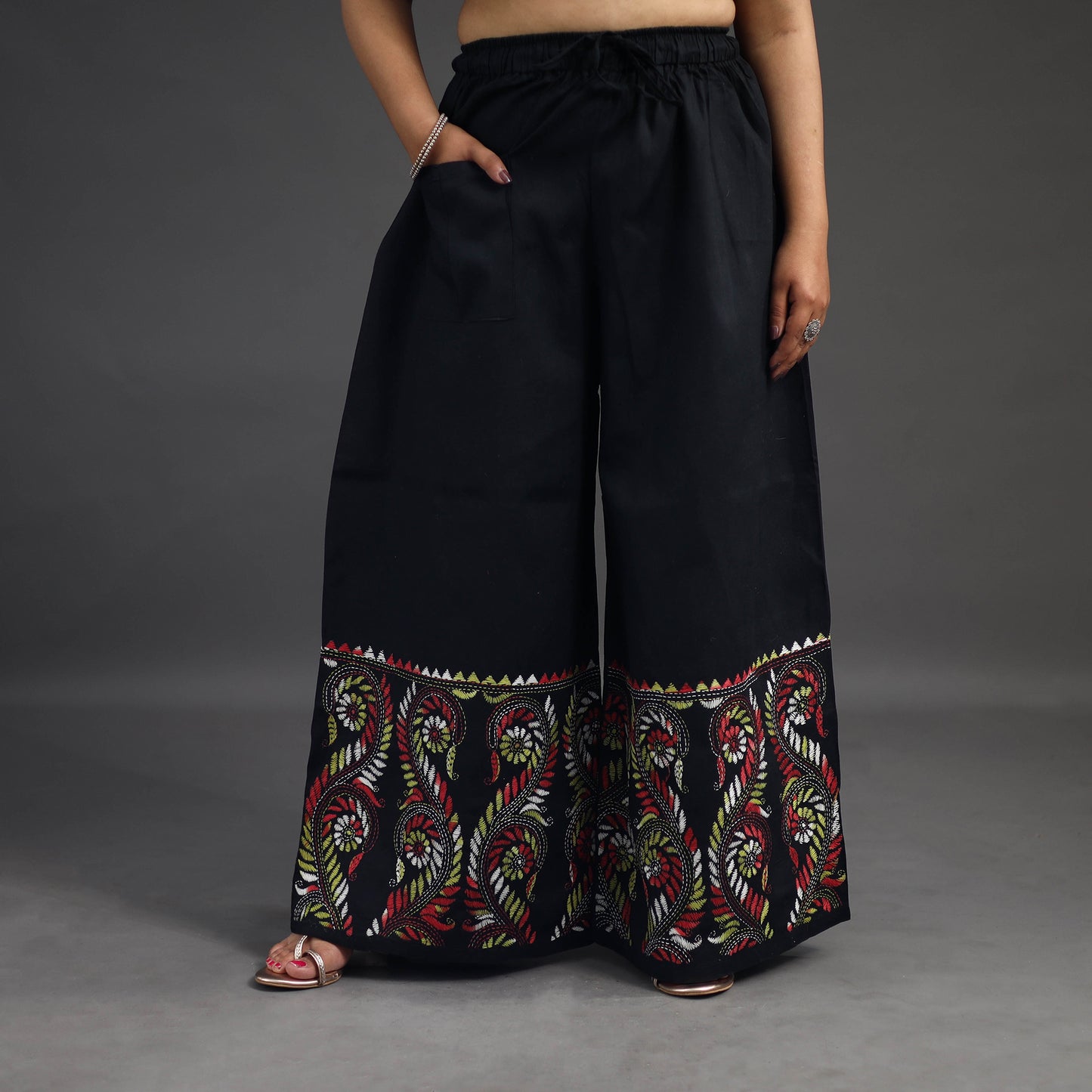  Black Kantha Hand Embroidery Palazzo in Cotton