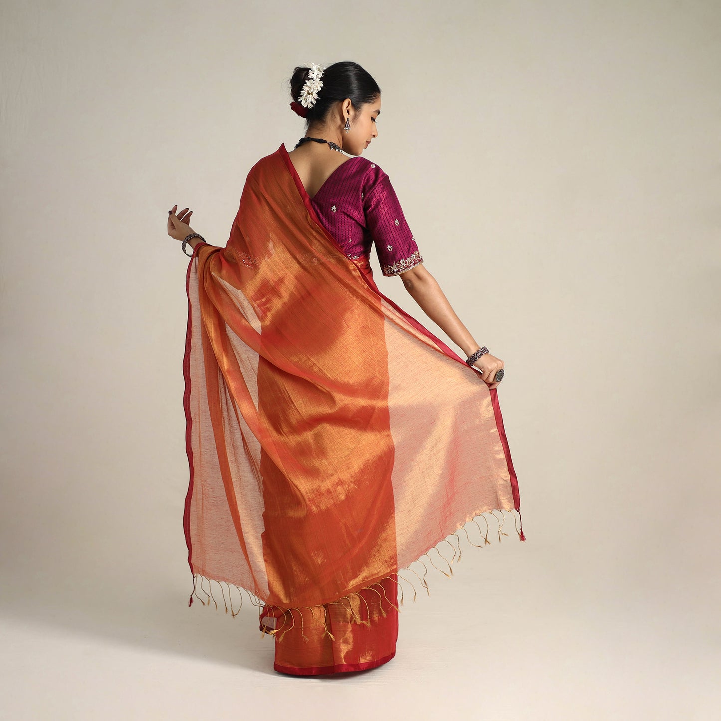 Orange - Mul Tissue Zari Bengal Saree with Embroidered Blouse 12