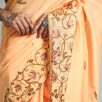 Orange - Kashidakari Hand Embroidery Pure Chanderi Silk Block Printed Saree with Zari Border 05